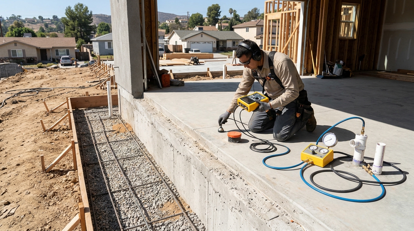 Plumbing technician using electronic acoustic equipment to detect an under-slab water leak in a Florida concrete foundation home